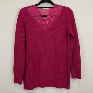 Sundance‎ Pink V Neck Lace Trim Cotton Blend Pullover Sweater Small